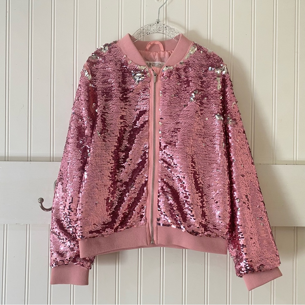 Girls H&M Sequined Pink Bomber Jacket Size 7-8